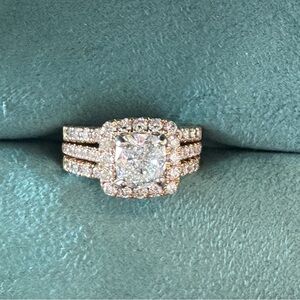 3-piece 14 kt. Yellow Gold Halo Wedding Set w/Cushion Center Diamond Ring. Sz 7